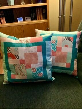 Handmade Accent Pillow Pair in Teal and Coral
